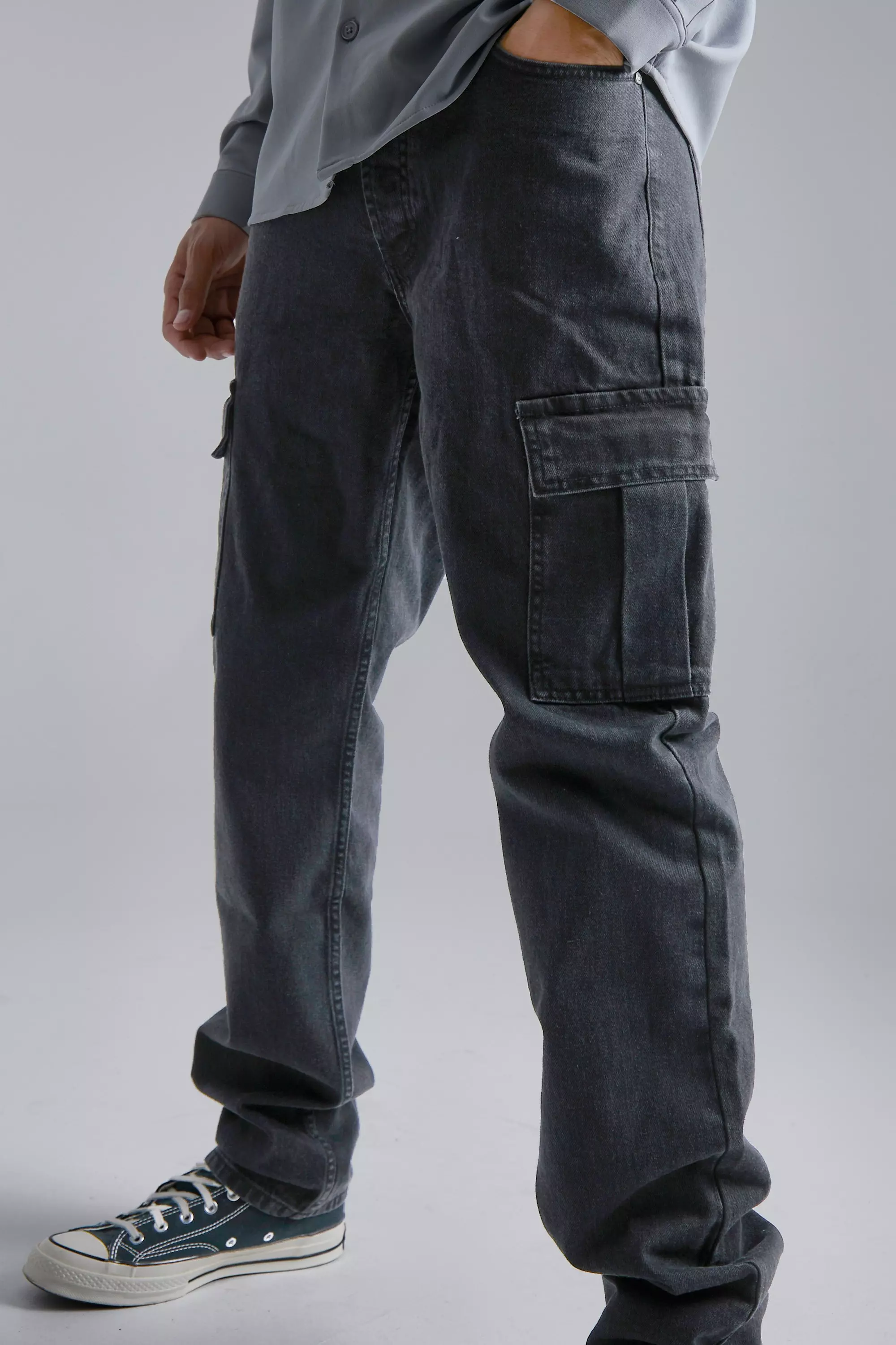 【SATIIIZ】Retin Zipper Cargo Denim Pants Denim Cargo Jeans (CARGO-DENIM-GREY-GREEN)